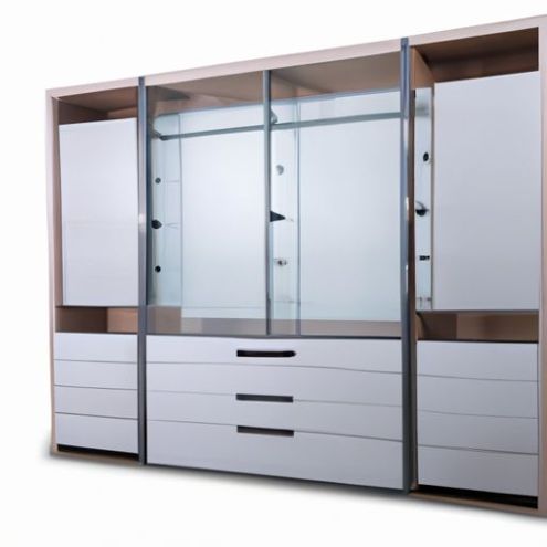 Projeta móveis de guarda-roupa de armazenamento de móveis de quarto com porta de vidro com gavetas de armazenamento de LED Armários de vidro modernos no armário